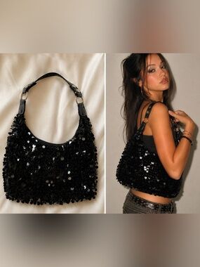 Black Sequin Beaded Shoulder Bag Y2K Indie Sleaze Evening Party Club Purse